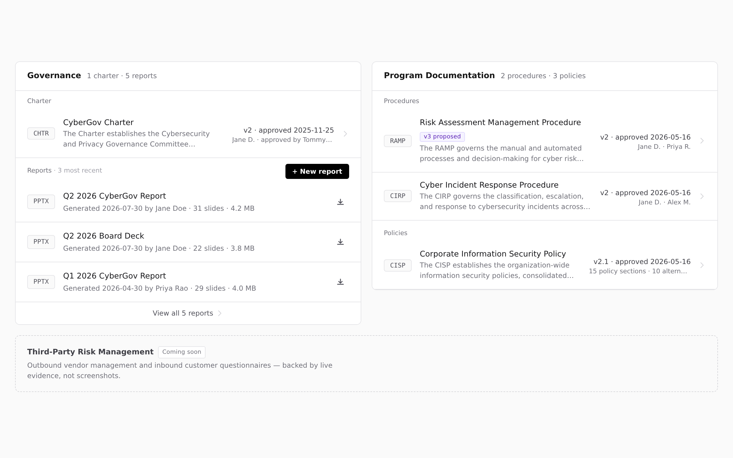 The Compliance home: the CyberGov charter and generated reports beside the RAMP, CIRP, and CISP with their approved versions.